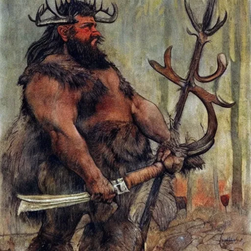 Prompt: hairy barbarian with moose head by carl larsson and frank frazetta