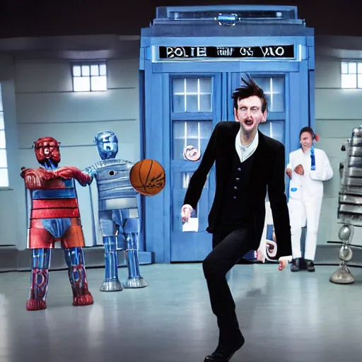 Image similar to promotional image of David Tennant as Doctor Who at a polka dancing contest at the YMCA basketball gym, around the gym cybermen and daleks and captain jack are clapping, in the background the Tardis door is wide open, frenetic, quirky, movie still, promotional image, imax 70 mm footage, HDR, cinematic