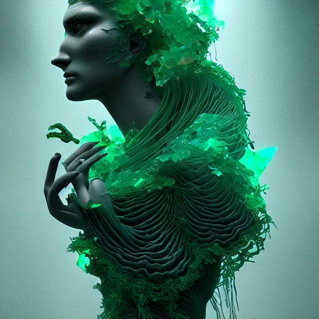Image similar to a striking! render of ethereal beings made of emerald, agate, and smoky gray quartz, new age artwork, octane, houdini, 8 k, cgsociety, intricately detailed, wyrd, eerie, liminal