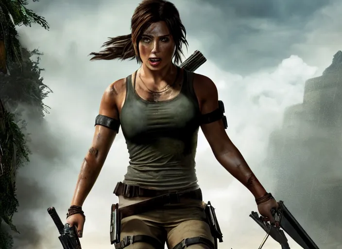 Image similar to film still of!!!! chloe bennett!!! as lara croft in new tomb raider movie, 8 k