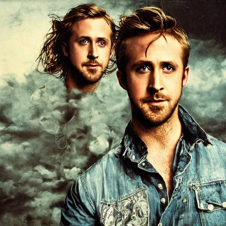 Image similar to Pre-Raphaelite portrait of Ryan Gosling as the leader of a cult 1980s heavy metal band standing on the hood of a muscle car, with very long blond hair and grey eyes, high saturation