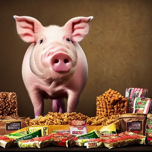 Image similar to photo realistic pig as a king sitting on a throne with a sceptor surrounded by bags of food snacks, realistic, award winning, cinematic