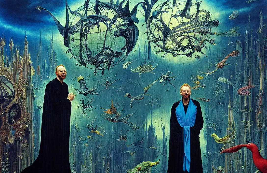 Image similar to realistic detailed portrait movie shot of a birdman wearing black reflective robes, sci fi city landscape background by denis villeneuve, amano, yves tanguy, alphonse mucha, ernst haeckel, max ernst, roger dean, masterpiece, rich moody colours, blue eyes, snarling dog teeth