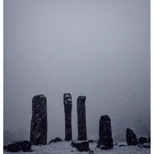 Prompt: 'dancing silhouette figures in front, neolithic standing stones, a haunting snow storm, fog, atmosphere, brooding clouds'