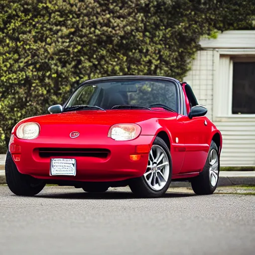 Prompt: 105mm photo of car full view mid distance photograph red Mazda Miata parked on street from 1925