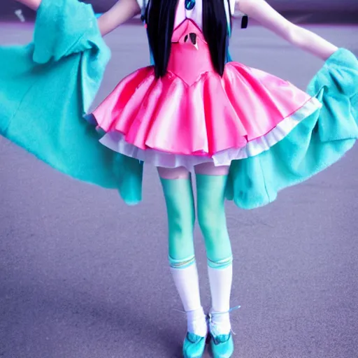 Image similar to Hatsune Miku cosplay, full-length photo, 35 mm