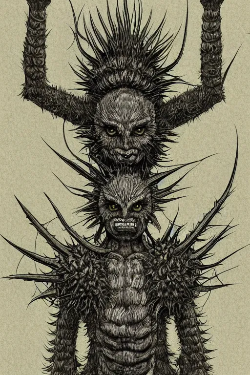 Prompt: thistle monster humanoid figure, symmetrical, highly detailed, digital art, needles, thorns, sharp focus, trending on art station, kentaro miura manga art style