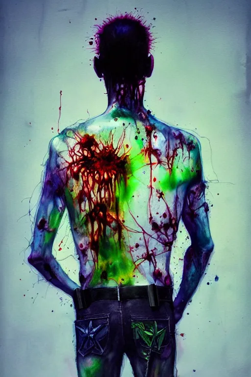 Image similar to zombie cop by agnes cecile enki bilal moebius, intricated details, 3 / 4 back view, full body portrait, extremely luminous bright design, horror, pastel colours, toxic drips, autumn lights