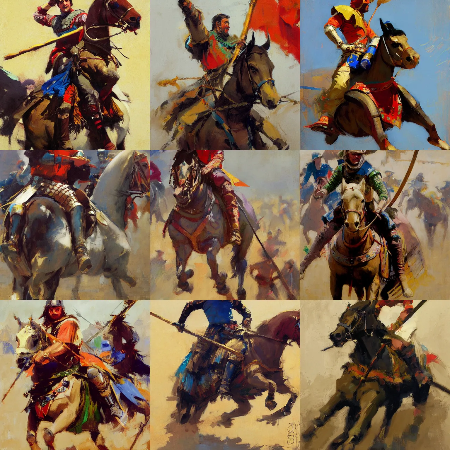 Prompt: close - up portrait of colorful rider holding couched jousting lance, caparisons, galloping, chainmail, by greg manchess, bernie fuchs, ruan jia, walter everett