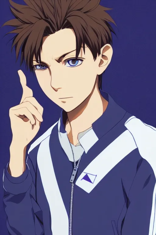 Image similar to portrait of a teen boy wearing a blue and white jumpsuit, brown spiky hair, tan skin, purple eyes, detailed, anime key visual, hisashi hirai