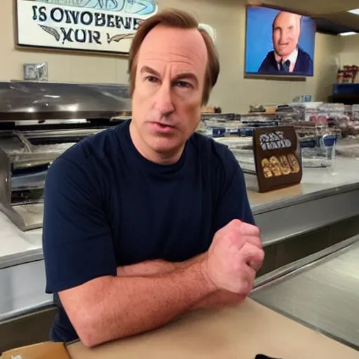 Image similar to gene ( bob odenkirk ) working at cinnabon, better call saul