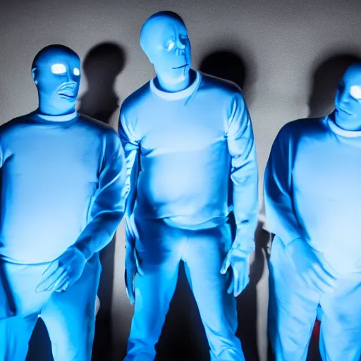 Image similar to blue man group wearing all blue, in blue hour lighting, feeling blue, listening to eiffel 65's song called 'blue'