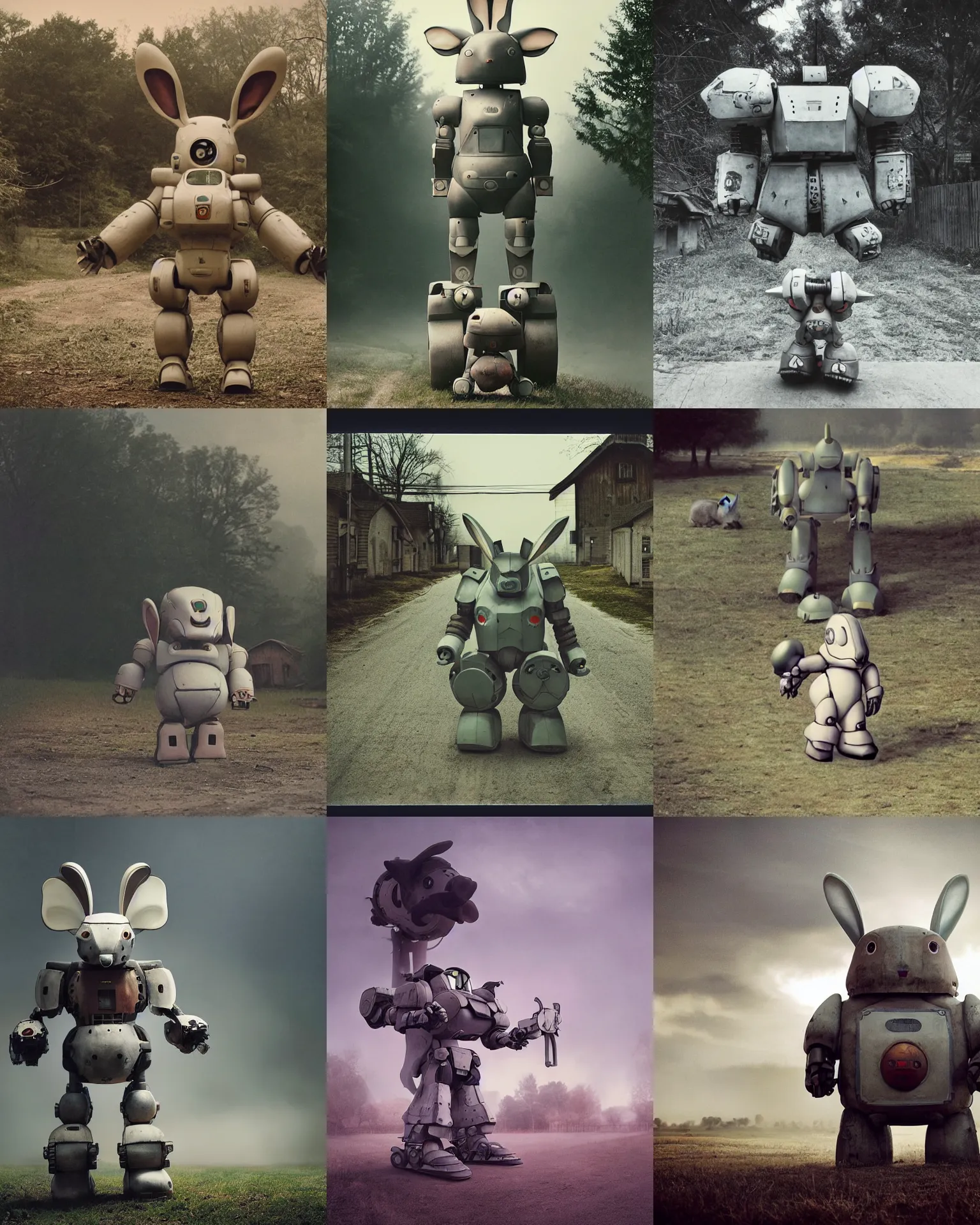 Prompt: giant oversized battle rabbit robot chubby mech baby with big ears , on a village, full body , Cinematic focus, Polaroid photo, vintage , neutral dull colors, soft lights, foggy , documentary photograph by gregory crewdson!!!