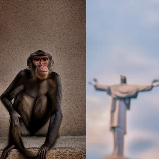 Image similar to high quality portrait of a monkey in front of Christ The Redeemer, studio photograph, photograph, realistic photo, 8k photo, 4k photo, stock photo, high resolution, cinematic shot, high detail