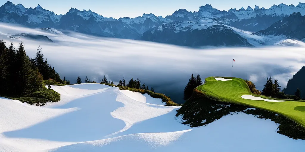 Prompt: a great photograph of the most amazing golf hole in the world, perfect light, steep drop, in the swiss alps, high above treeline, ambient light, 5 0 mm, golf digest, top 1 0 0, fog