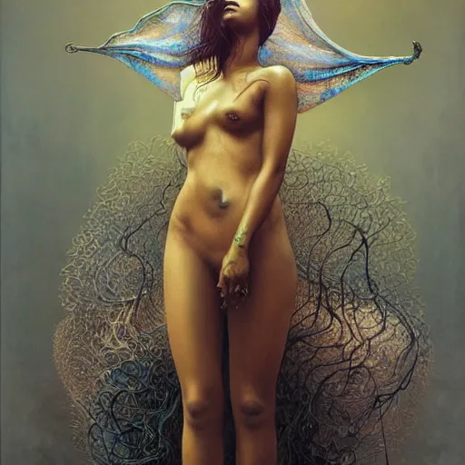 Image similar to rihanna by zdzisław beksinski, iris van herpen, raymond swanland and alphonse mucha. highly detailed, hyper - real, beautiful