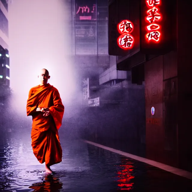 Image similar to cyber monk water dance supreme water fist, detailed animal form water, fighting stance energy, shibuya prefecture, cinematic neon uplighting, fog mist smoke, photorealistic, night photography by tomino - sama