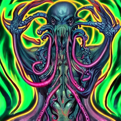 Image similar to 4 k stylized neon headshot of godlike cthulhu with defined arms and open hands and bloody clothes with giant mandala wings, intricate face, flawless anime cel animation by kentaro miura, psychedelic, highly detailed upper body, professionally post - processed, beautiful, scary, symmetry accurate features, epic, octane rendered, anime masterpiece, accurate