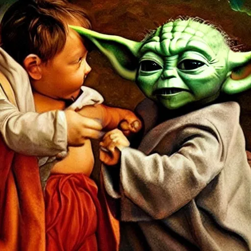 Prompt: baby yoda and elon musk arm wrestling, renaissance painting, painted, high detail -5