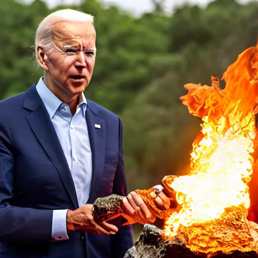 Image similar to UHD candid photo of Joe Biden holding up a big quartz crystal with Hunter Biden setting it on fire, UHD, photorealistic, correct face, photo by Annie Leibowitz