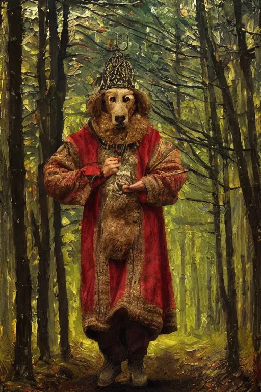 Image similar to slavic dog head man, woolen torso in medieval clothes, painting by whimmy art, walking in the forest, orthodox saint christopher, oil painting, painting by viktor vasnetsov, concept art, hyperrealism, beautiful, high resolution, trending on artstation,