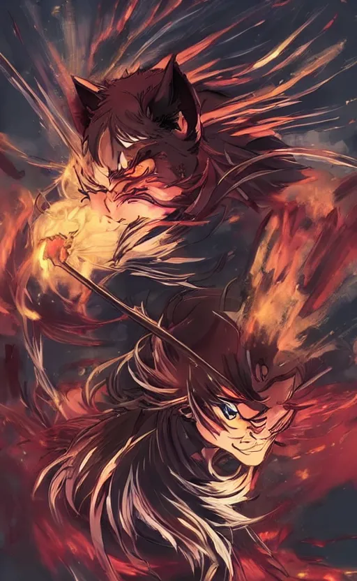 Image similar to house cat samurai epic, in the style of demon slayer anime, anime opening, dramatic opening, fire, lightning, full body portrait, realistic