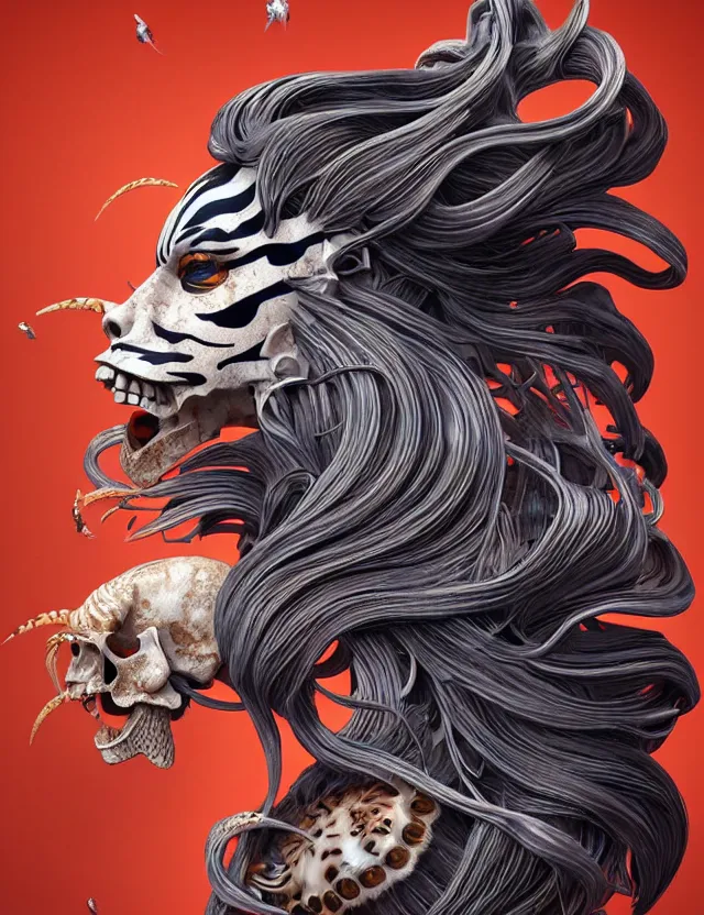 Prompt: 3 d goddess tiger skull half - turn portrait with long hair with ram skull. beautiful intricately detailed japanese crow kitsune mask and clasical japanese kimono. betta fish, jellyfish phoenix, bio luminescent, plasma, ice, water, wind, creature, artwork by tooth wu and wlop and beeple and greg rutkowski