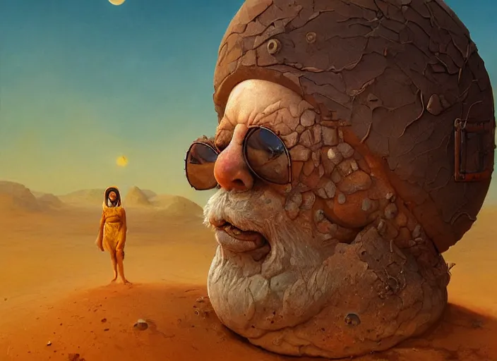 Prompt: a forgotten garden gnome surviving in a vast barren desert, hopeless wasteland background with a relentless raging sun overhead, hot, oppressive, an ultrafine detailed painting by by karol bak and filip hodas, trending on deviantart, pop surrealism, whimsical, lowbrow, perfect symmetrical face