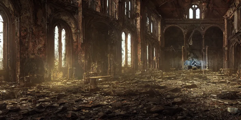 Image similar to fallout 5, indoors dilapidated partially ruined church interior, rusted machinery, atmospheric lighting, painted, intricate, volumetric lighting, beautiful, daytime, sunny weather, slight overcast, golden hour, sharp focus, deep colours, ultra detailed, by leesha hannigan, ross tran, thierry doizon, kai carpenter, ignacio fernandez rios