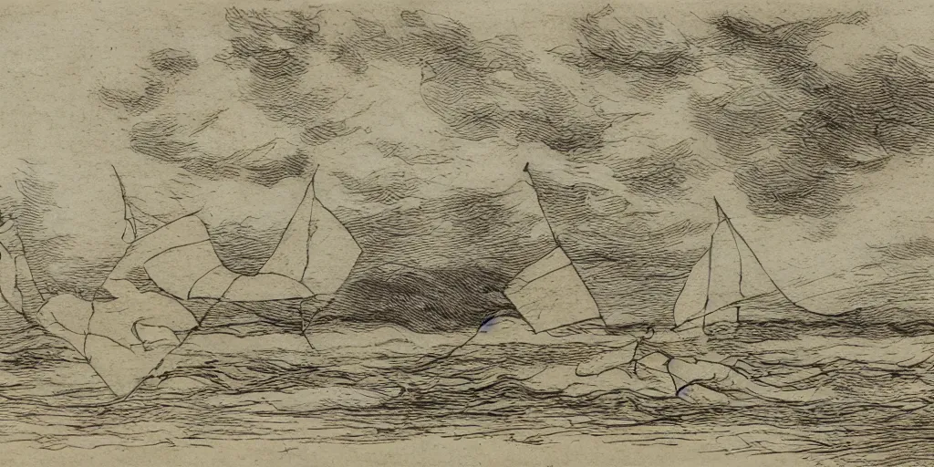 Image similar to a windy day, yellowed paper, pen and ink, 1 5 0 0 s, 8 k resolution