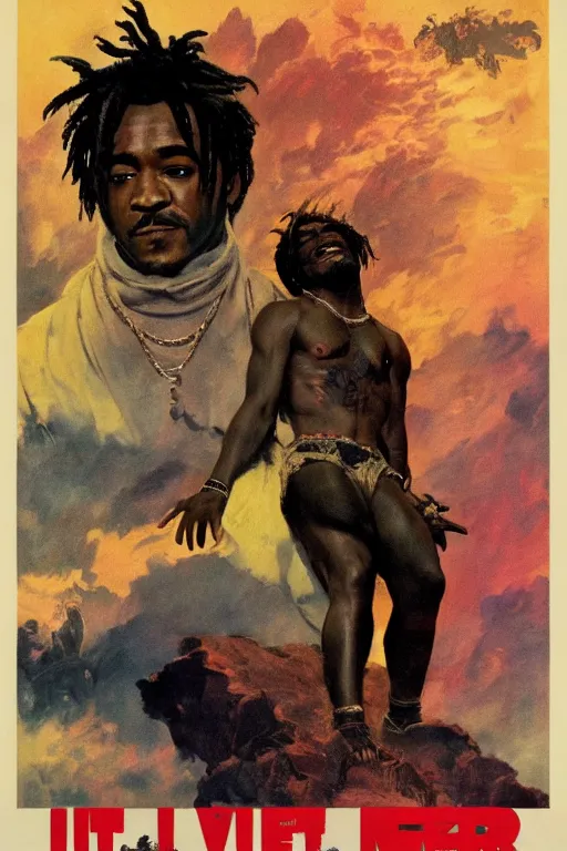 Prompt: Movie poster of Lil Uzi Vert, by frank frazetta, ilya repin, 8k, hd, high resolution print