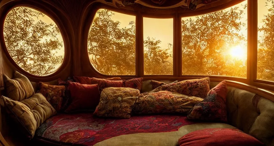 Prompt: an incredibly beautiful scene from a 2 0 2 2 marvel film featuring a cozy art nouveau reading nook in a fantasy treehouse interior. a couch with embroidered pillows. golden hour. 8 k uhd.