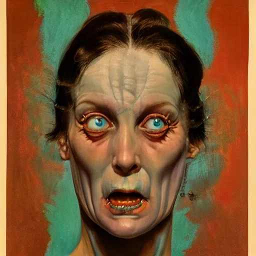 Image similar to Frontal portrait of a demon. The texture of her skin is a mixture of cyan flesh and boney marble. A painting by Norman Rockwell.