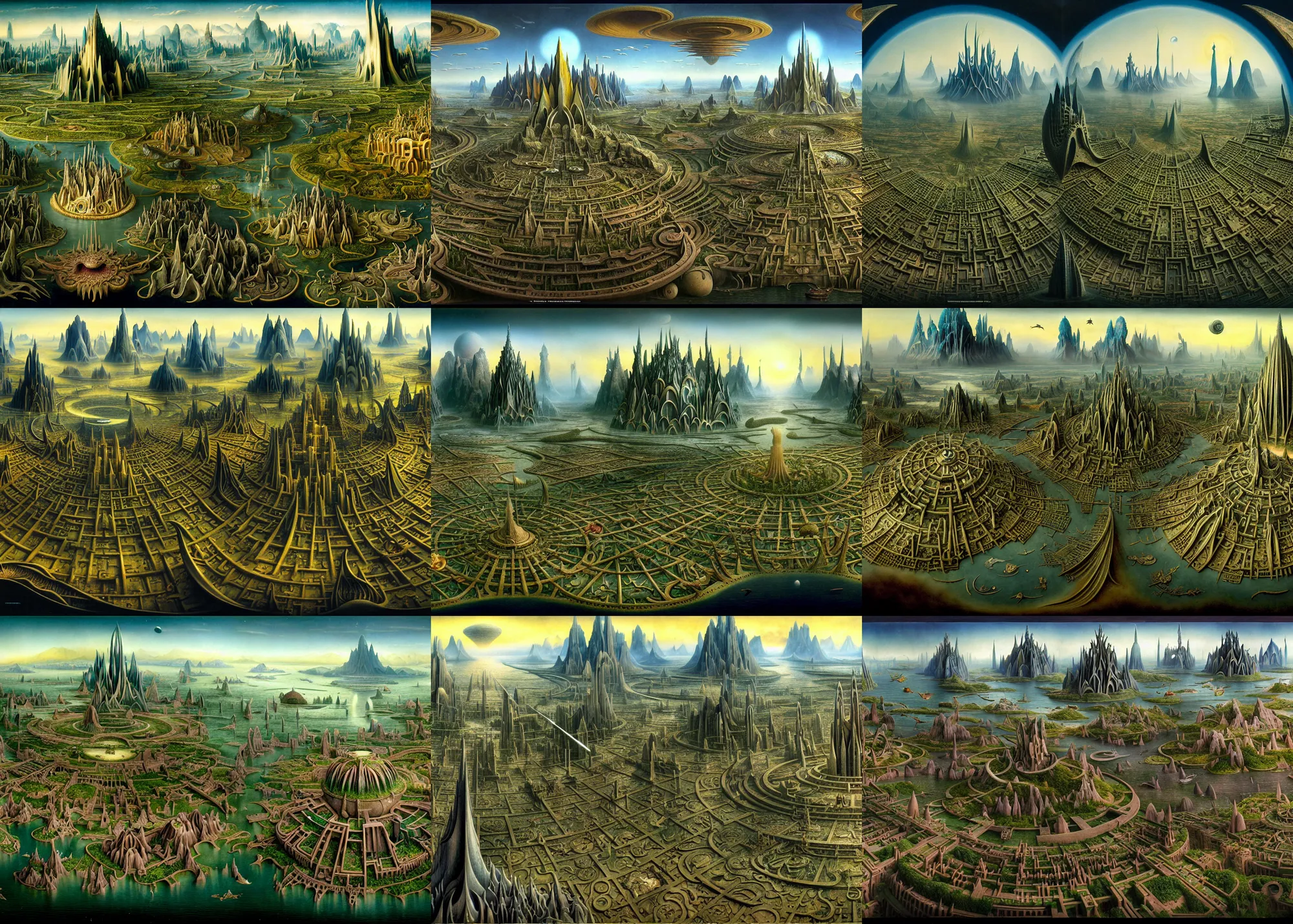 Prompt: a beautiful and insanely detailed matte painting of an advanced sprawling civilization with surreal architecture designed by Heironymous Bosch and Jim Burns, mega structures inspired by Heironymous Bosch's Garden of Earthly Delights, a beautiful and insanely detailed matte painting of an advanced sprawling civilization with surreal architecture designed by Heironymous Bosch and Jim Burns, mega structures inspired by Heironymous Bosch's Garden of Earthly Delights, a beautiful and insanely detailed matte painting of an advanced sprawling civilization with surreal architecture designed by Heironymous Bosch and Jim Burns, mega structures inspired by Heironymous Bosch's Garden of Earthly Delights, vast landscape by Jim Burns and Tyler Edlin, dark sci-fi concept art, vast horizons by Jim Burns and Tyler Edlin, masterpiece!!, grand!, imaginative!!!, whimsical!!, epic scale, intricate details, sense of awe, elite
