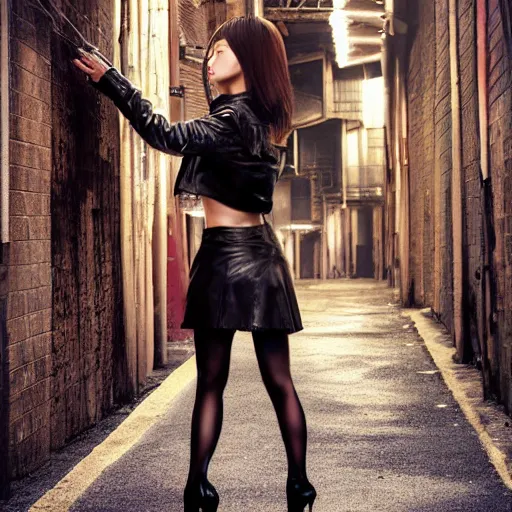 Prompt: perfect, realistic oil painting of japanese girl kneeling, in leather jacket, miniskirt, pantyhose and high heels, in sci-fi dystopian alleyway, by an American professional senior artist, Hollywood concept, dynamic composition and motion, postproduction.