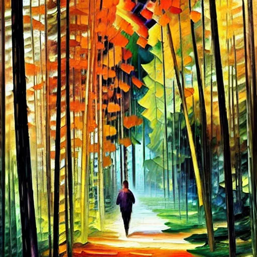 Image similar to a person walking through a forest, art by ivan bilibin and giacomo balla and ( leonid afremov ),