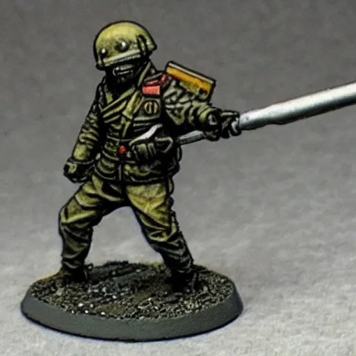 Image similar to an excited Death Korps of Kreig soldier wearing grey and wielding a shovel