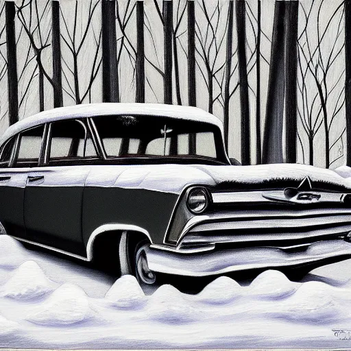 Image similar to rusty ford bel air in winter forest, grey scale, oil painting