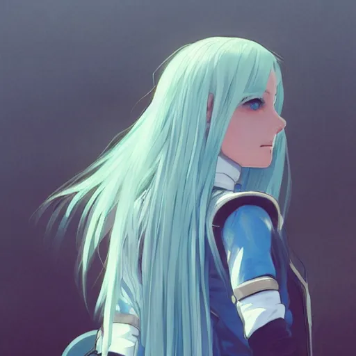 Prompt: low - angle shot from behind of a long light blue - haired girl in a blue tailcoat with a scabbard, combat boots, noir, sharp focus, intricate, illustration, cell shaded, digital painting, highly detailed, straight hair, art by ilya kuvshinov, wlop, greg rutkowski, studio quality, makoto shinkai, james jean