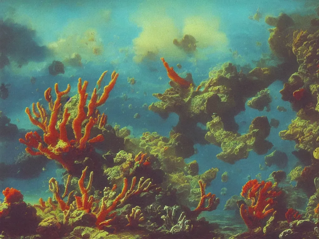 Image similar to Beautiful 1976 psychedelic textbook illustration of underwater coral reef seascape by Ivan Aivazovsky and Jan Davidsz de Heem , highly detailed, 8k