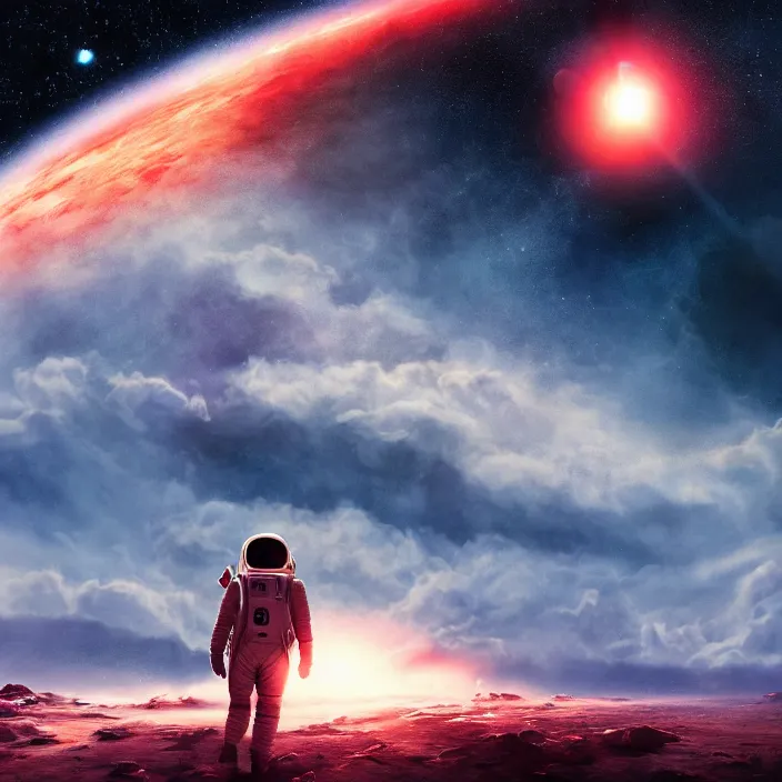 Image similar to a astronaut walking on a alien planet with a red giant galaxy appearing in the sky, digital art, concept art, trending on DeviantArt, highly detailed, high quality, 8K HDR, cinematic lighting, breathtaking image