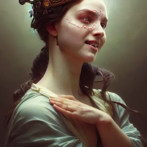 Image similar to portrait painting of woman blindfolded, smiling, ultra realistic, concept art, intricate details, eerie, highly detailed, photorealistic, octane render, 8 k, unreal engine. art by artgerm and greg rutkowski and charlie bowater and magali villeneuve and alphonse mucha