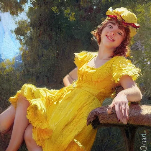 Image similar to a detailed portrait of a real cute girl on swing, wearing a yellow dress, smiling coy, painting by gaston bussiere, craig mullins, j. c. leyendecker, award winning hd photo