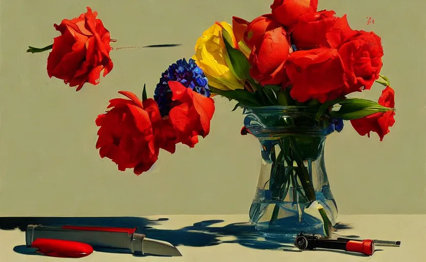 Image similar to beautiful still life featuring blooming flowers and a hand gun, very coherent, painted by Edward Hopper, painted by James Gilleard, airbrush, art by JamesJean