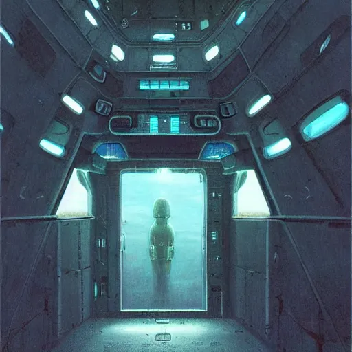 Image similar to Spaceport docking bay at night, inner light. Concept art, hyperrealism, extreme detail, art in the style of A New Hope. Art by. Beksinski and Michael Whelan