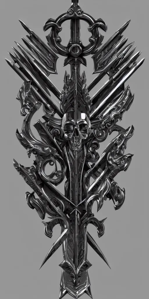 Image similar to a black and silver stylized sword skull crest, ornament, weapon, a 3 d render by dom qwek, front side, concept art, trending on polycount, artstation, hard surface modeling, rendered in maya, zbrush, hd, blizzard, symmetry