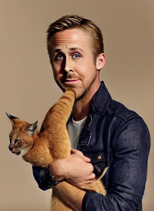 Image similar to Ryan Gosling holds a caracal cat in his hands, ultra highly detailed, smooth, sharp focus, elegant, artstation