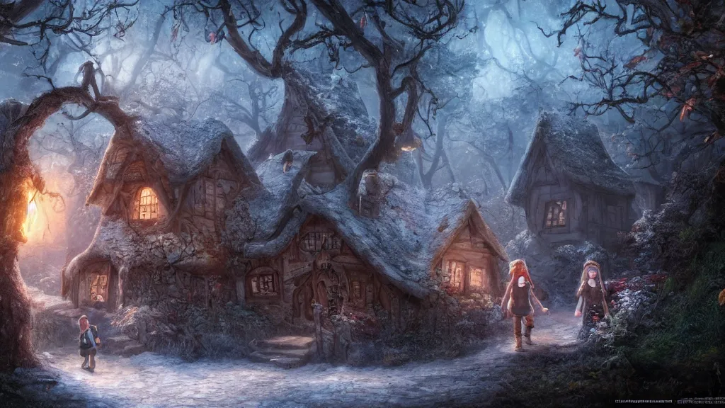 Image similar to hansel and gretel, fantasy artwork, very very very beautiful scenery, hd, hdr, ue5, ue6, unreal engine 5, cinematic 4k wallpaper, 8k, ultra detailed, high resolution, artstation, award winning