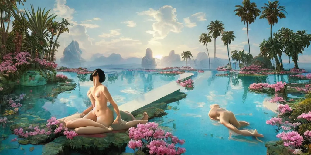 Prompt: masterpiece, hyperrealistic surrealism, award winning masterpiece with incredible details, epic stunning, infinity pool, a surreal vaporwave liminal space, highly detailed, trending on ArtStation, calming, meditative, pink arches, flowing silk sheets, palm trees, very vaporwave, very very surreal, sharp details, dreamscape, artgerm and greg rutkowski and alphonse mucha, daily deviation, IAMAG