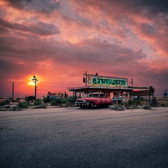 Image similar to a sunset light landscape with historical route 6 6, lots of sparkling details and sun ray ’ s, blinding backlight, smoke, volumetric lighting, colorful, octane, 3 5 mm, abandoned gas station, old rusty pickup - truck, beautiful epic colored reflections, very colorful heavenly, softlight